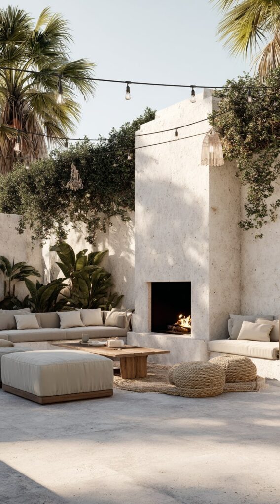Boho-Inspired Fireplace in a Tropical Courtyard
