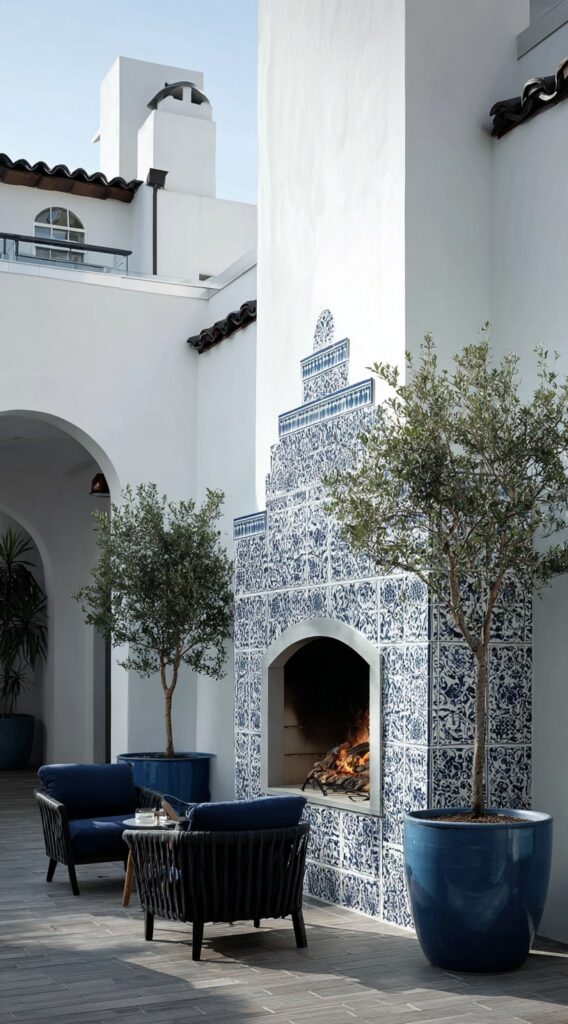 Spanish-Style Fireplace with Blue Tile Accent
