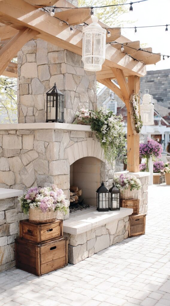 Charming Garden Fireplace with Floral Accents