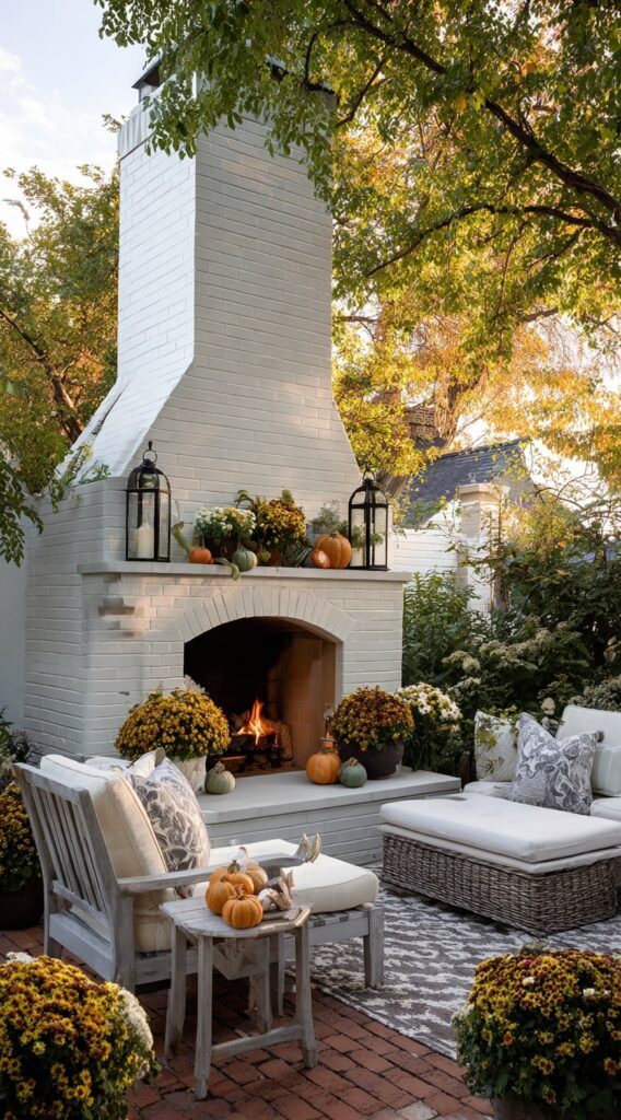 White Brick Fireplace with Autumn Touches