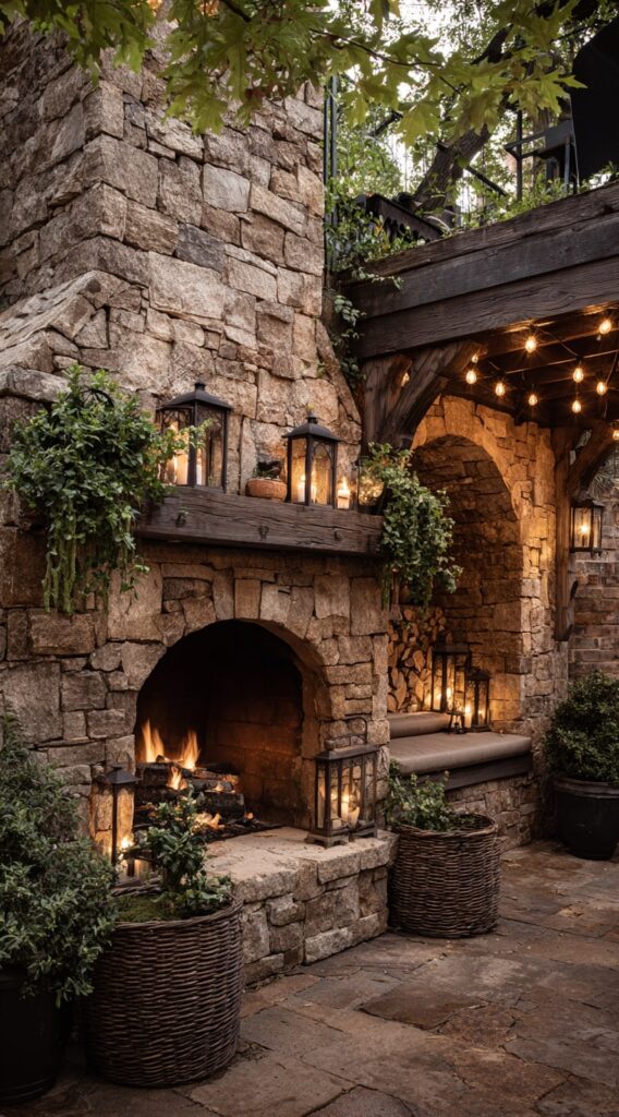 Rustic Stone Fireplace with Lantern Glow