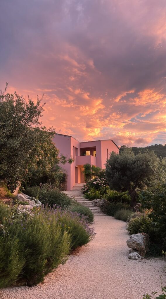Crushed Gravel Pathway Through Lavender and Olive Trees