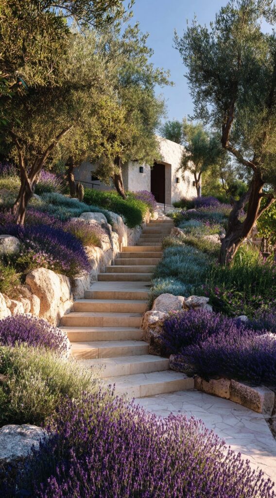 Stone Steps Through Lavender and Olive Trees

