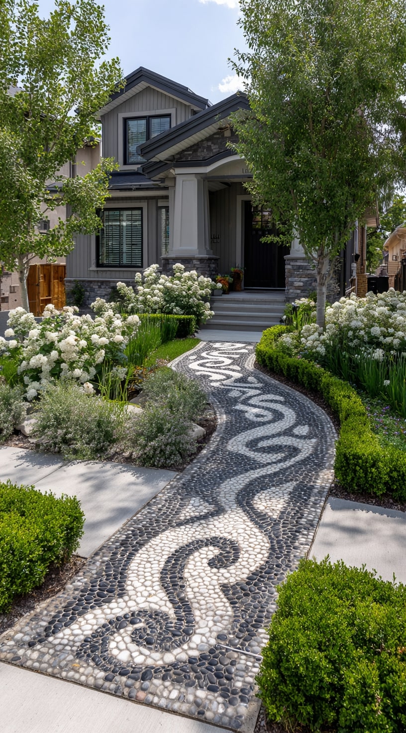 7. Artistic Pebble Driveway with Garden Edging
