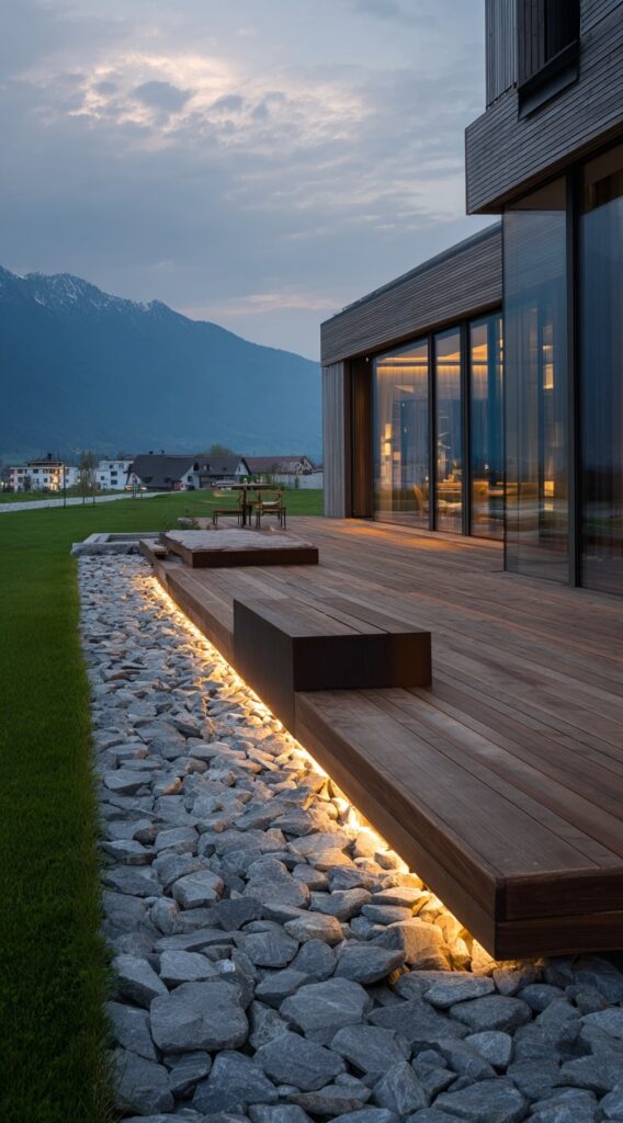 Modern Rock Edging with Deck Lighting for a Sleek Patio