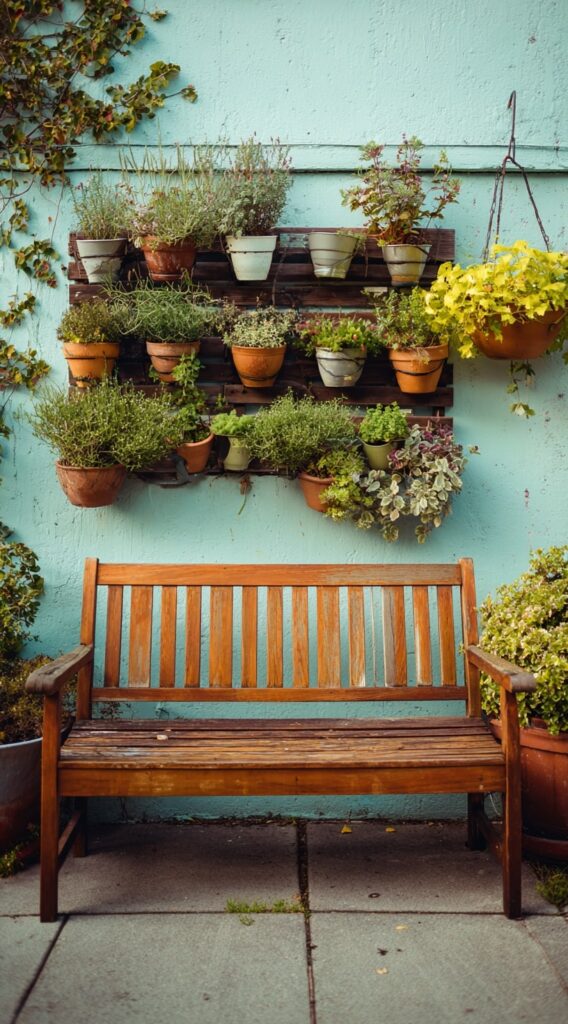 10. Vertical Herb Wall with a Bench Nook

