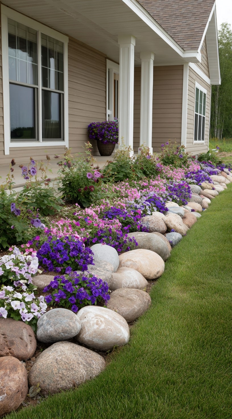 River Rock Edging for a Colorful Flower Border


