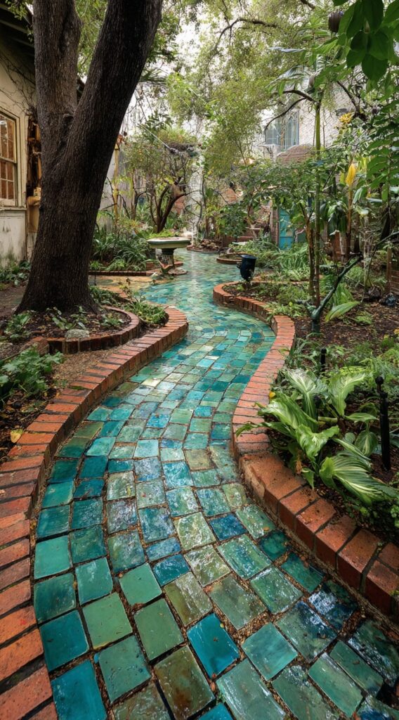 Turquoise Tile Garden Walk with Brick Border

