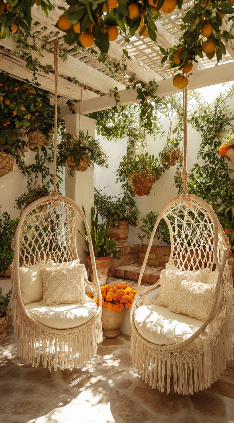 Boho-Tropical Patio with Hanging Chairs and Citrus Vines
