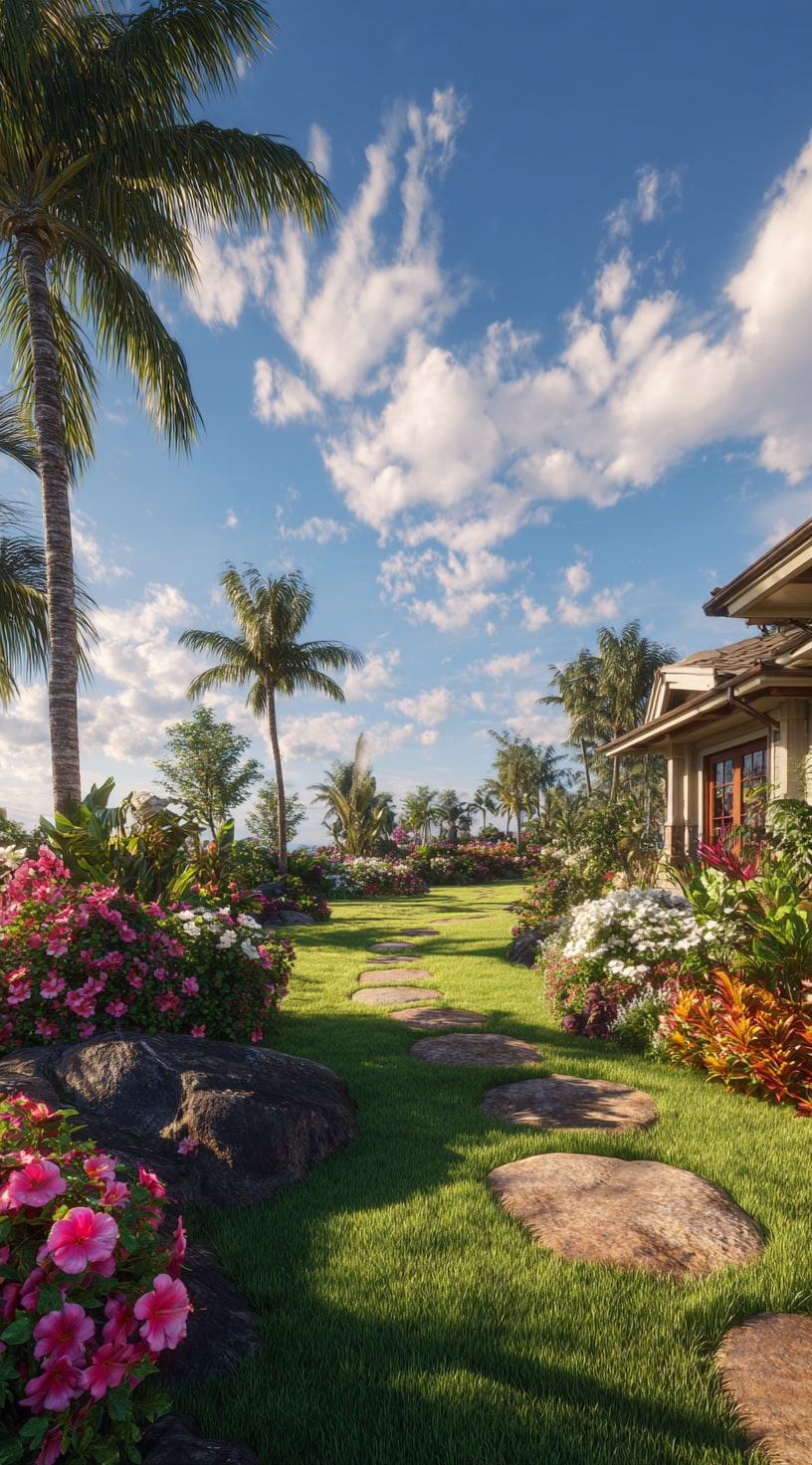 Lush Backyard Path with Palm Trees and Blooms