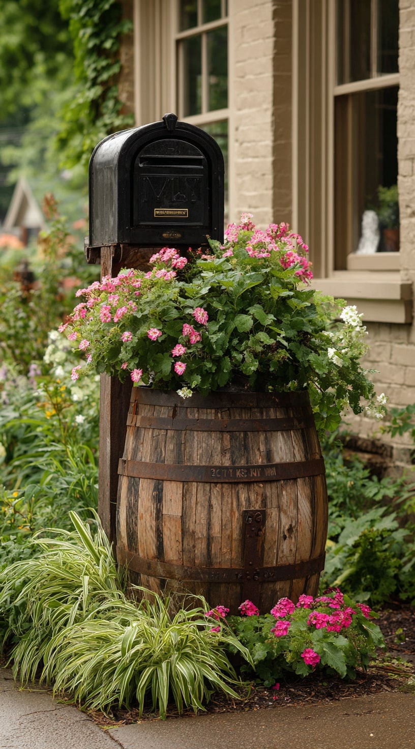 Rustic Barrel Mailbox Garden
