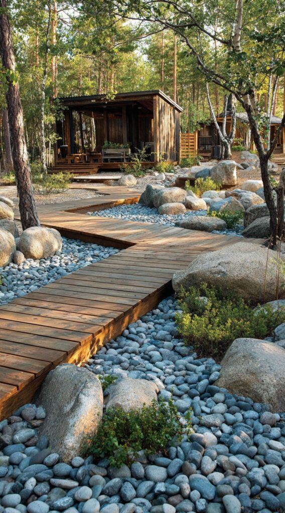 Modern Wooden Walkway Over a Pebble Garden Base

